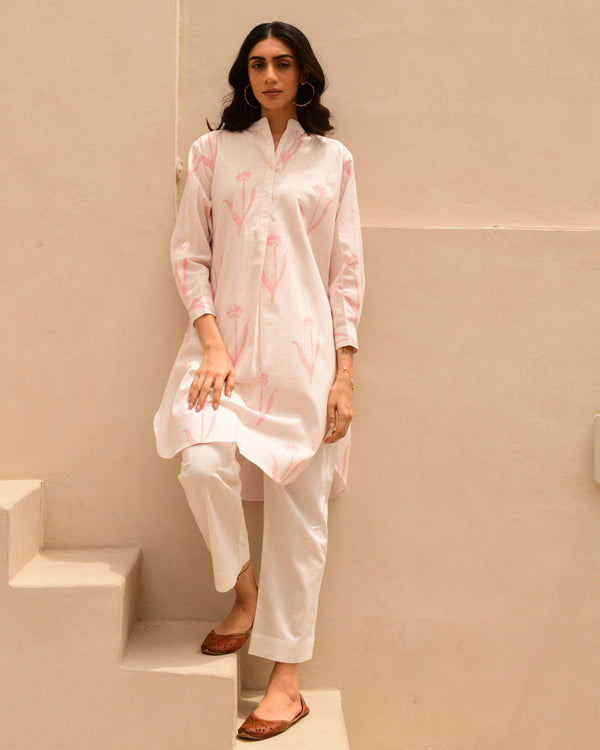 Pink linen handblockprinted kurta set of 2