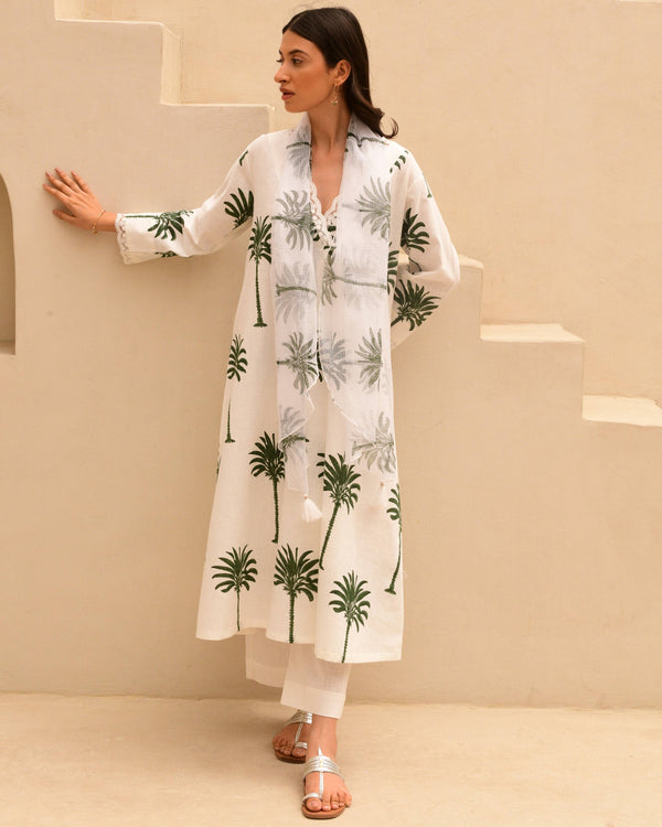 Green palm handblockprinted linen set of 3