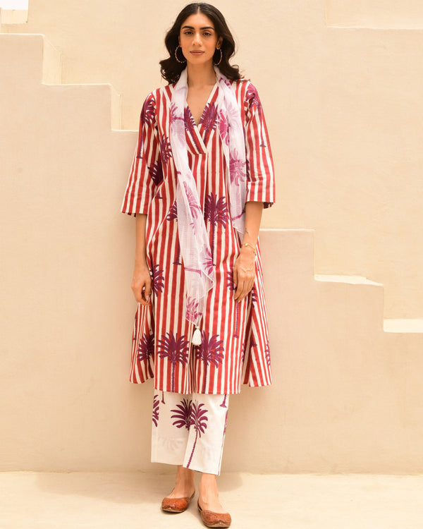 Red stripes and palm handblockprinted linen set of 3