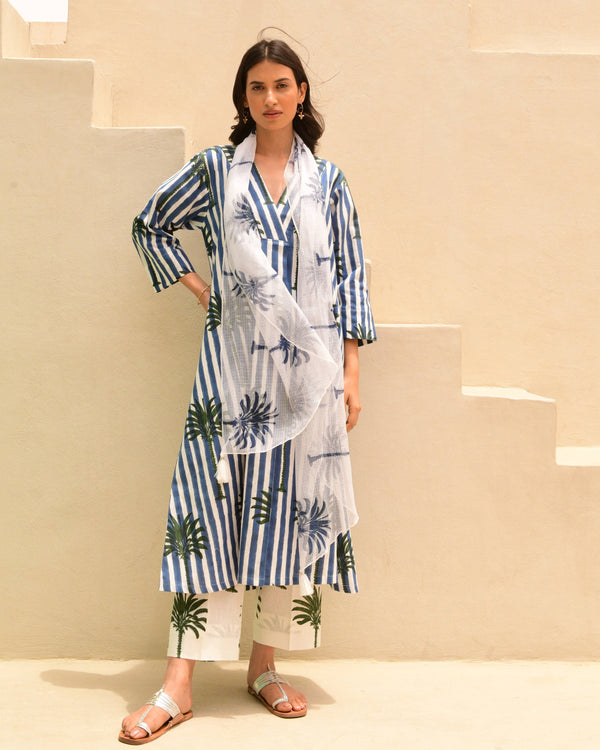 Blue stripes and palm handblockprinted linen set of 3