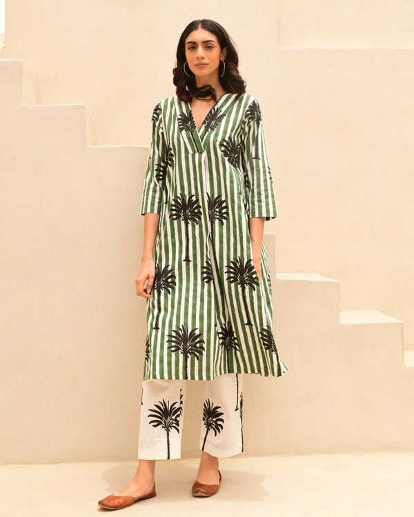 Green stripes and palm handblockprinted linen set of 3