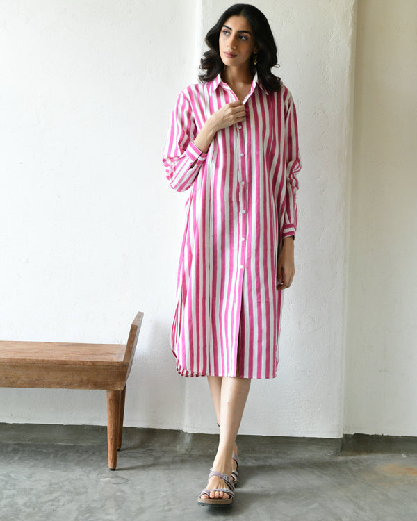 Pink stripes handblockprinted shirt dress