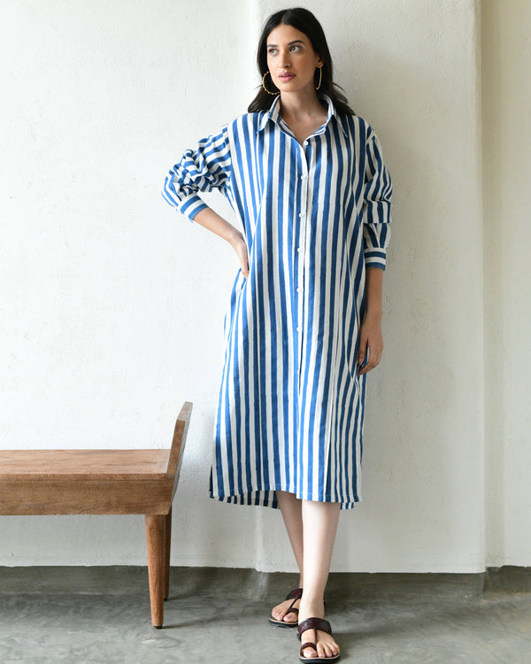 Blue stripes handblockprinted shirt dress