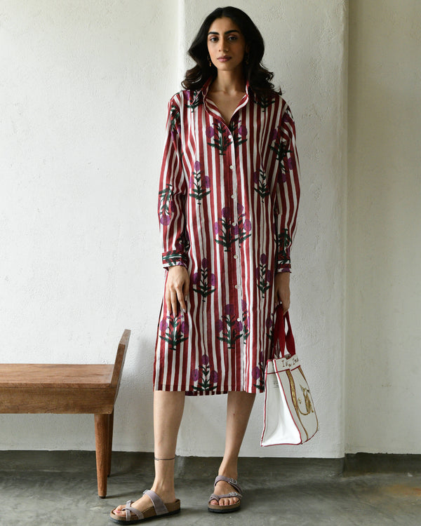 Motifs on red stripes handblockprinted dress