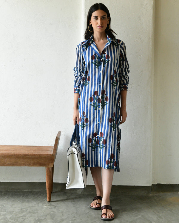 Motifs on blue stripes handblockprinted dress