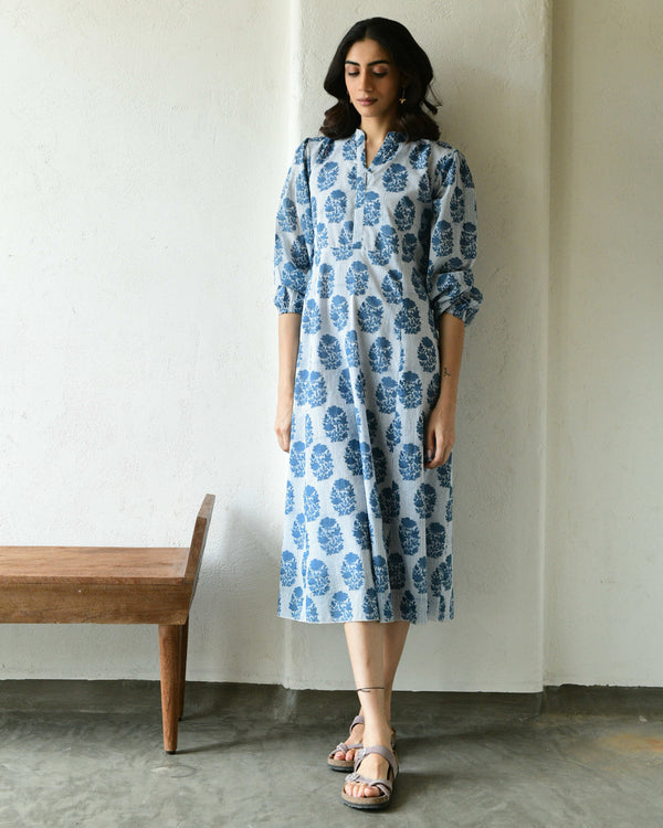 Blue on blue motifs handblockprinted dress