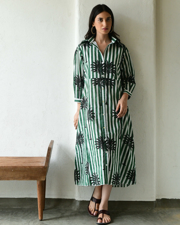 Palm on green stripes handblockprinted dress