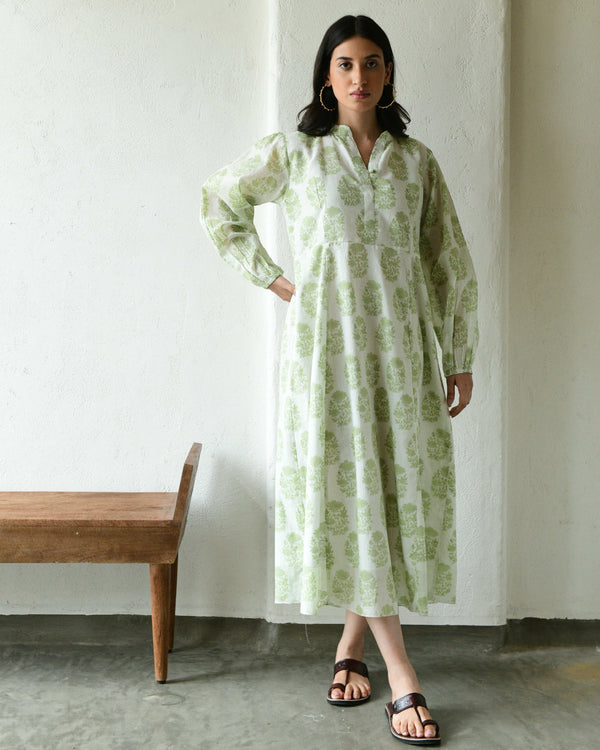 Green on green motifs handblockprinted dress