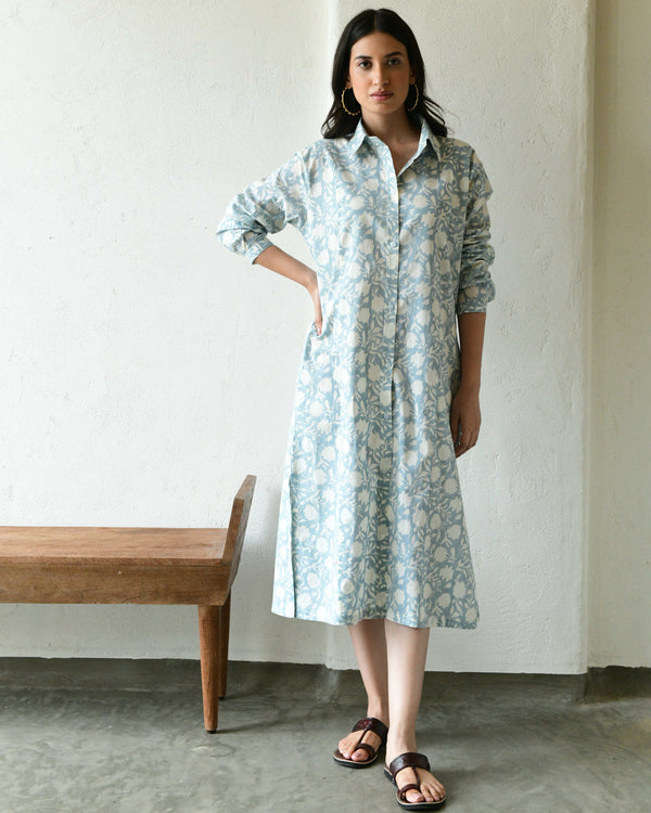 Pastel blue handblockprinted shirt dress