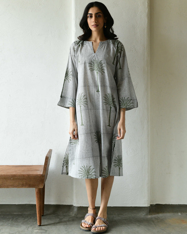 Green palm on stripes handblockprinted dress