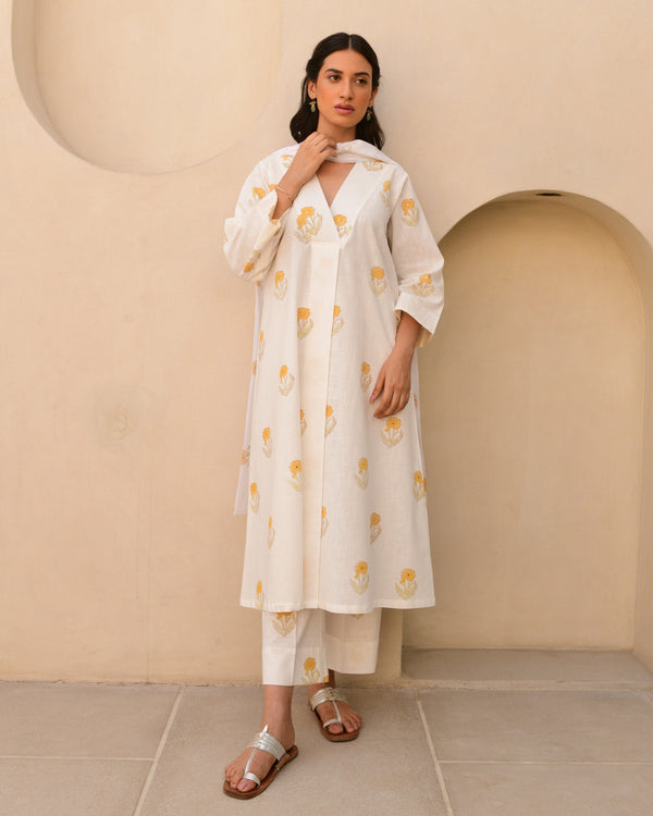 Yellow linen handblockprinted kurta set of 3