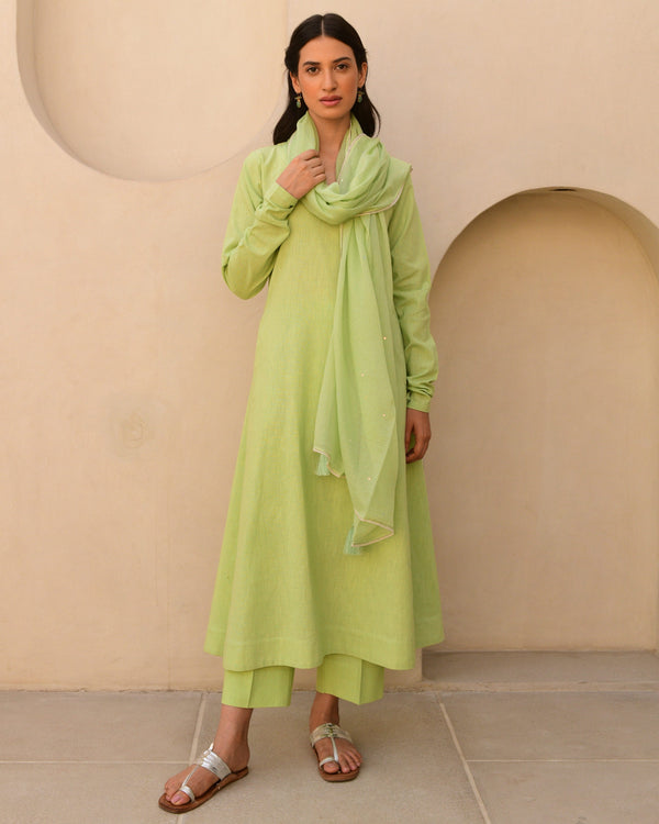 Solid green linen kurta set of 3