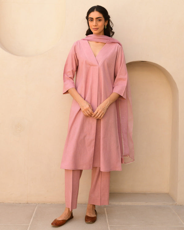 Solid pink linen kurta set of 3