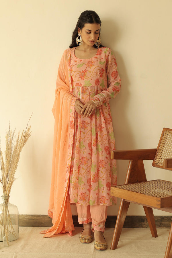 Zaheen Peach Floral Anarkali Set